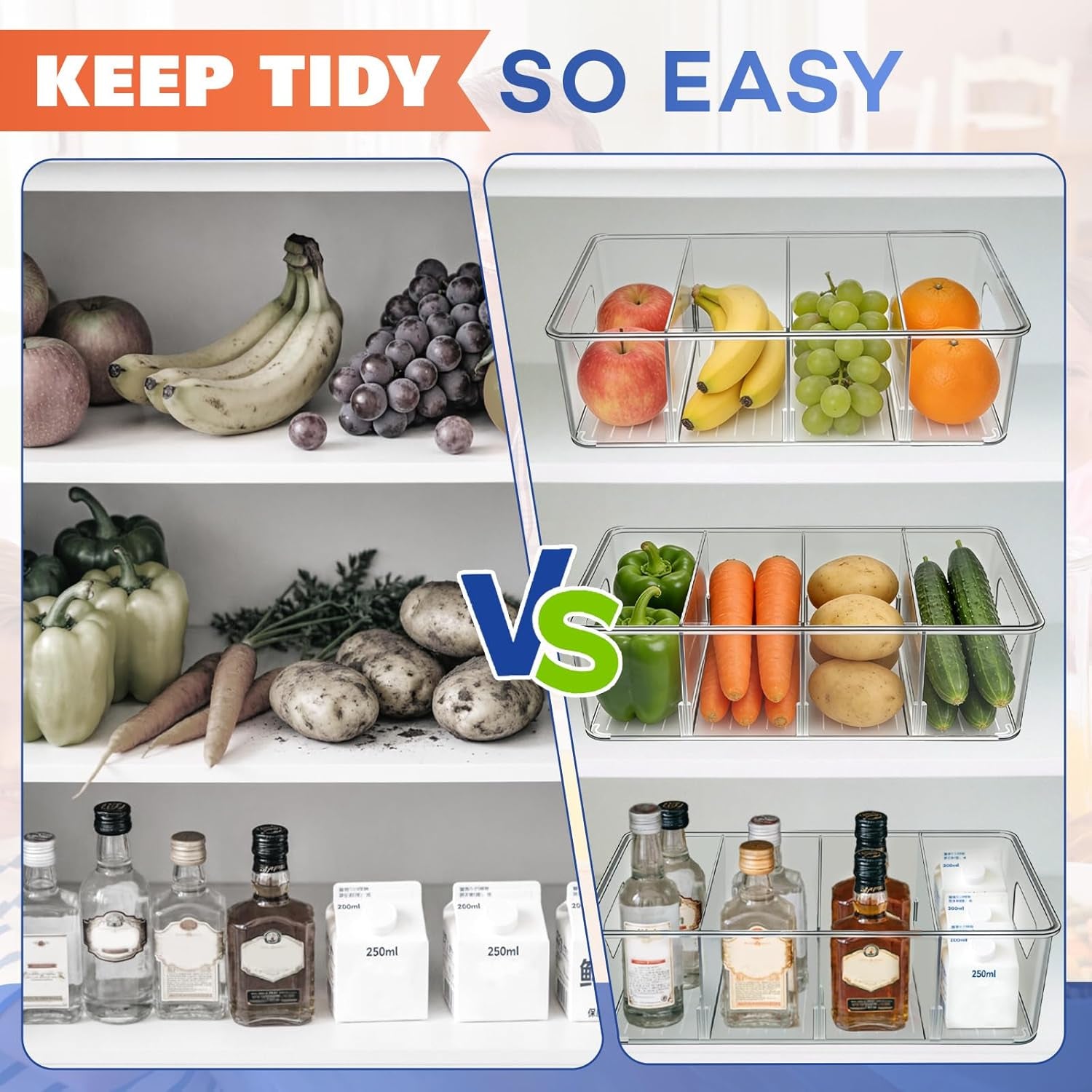 Stackable 4-Compartment Pantry Organizers and Storage, Clear Plastic Storage Bins with Removable Dividers Suitable for Pantry, Office, Kitchen, Cabinet & Fridge Organization, 2-Pack