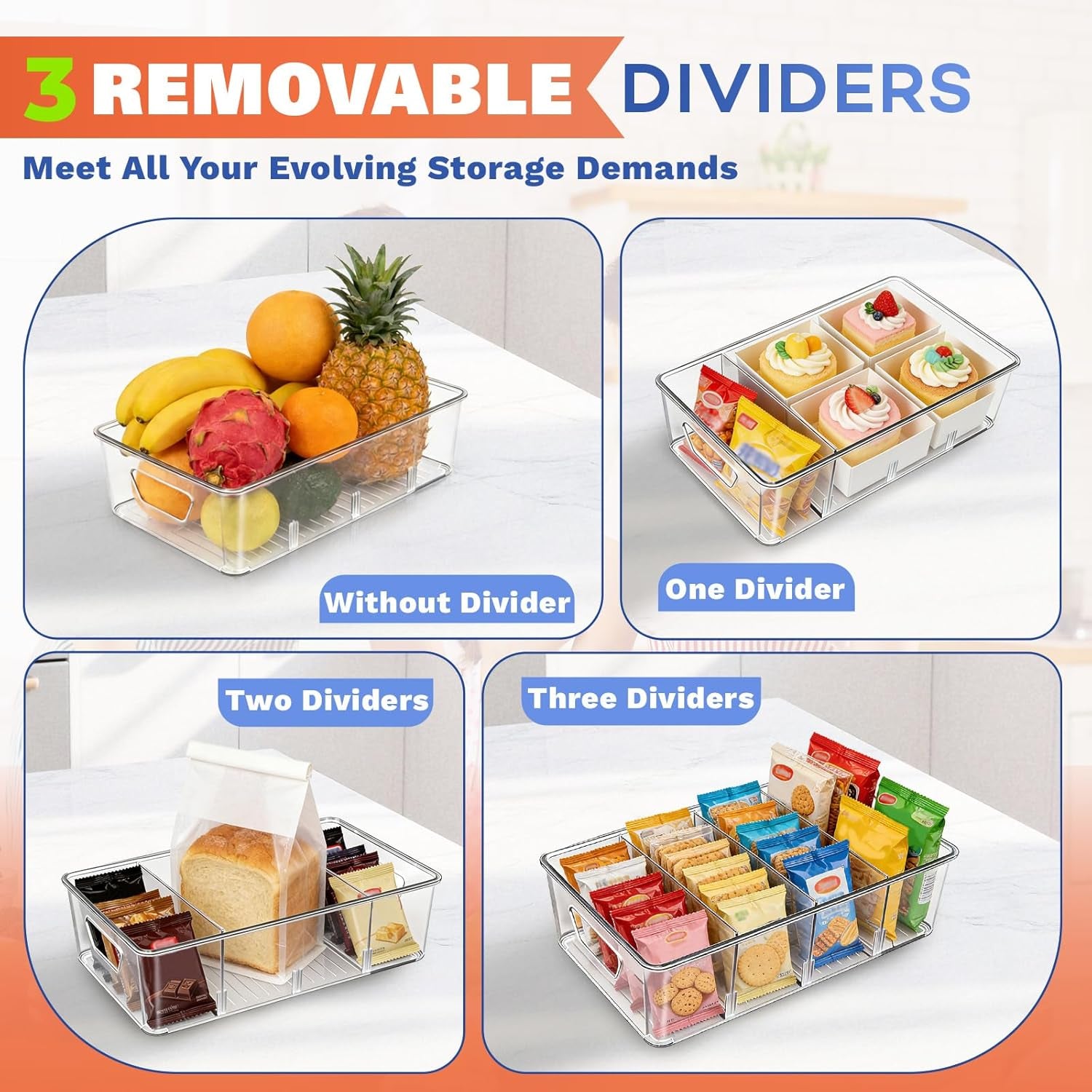 Stackable 4-Compartment Pantry Organizers and Storage, Clear Plastic Storage Bins with Removable Dividers Suitable for Pantry, Office, Kitchen, Cabinet & Fridge Organization, 2-Pack