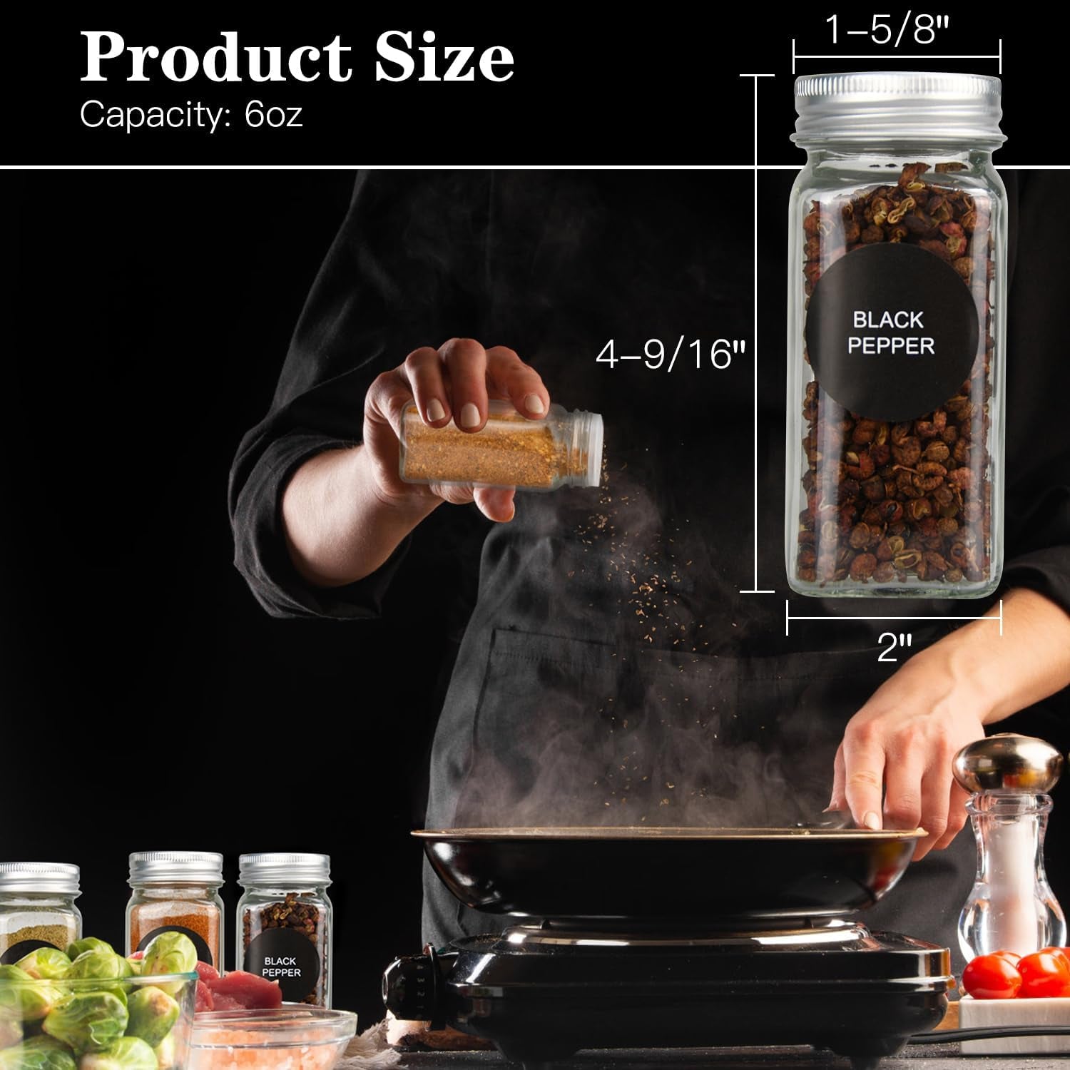 12Pcs Glass Spice Jars with Labels, 6Oz Empty Spice Jars | with Mental Caps, Shaker Lids, Collapsible Funnel, Chalk Pen, Seasoning Organizer for Spice Rack