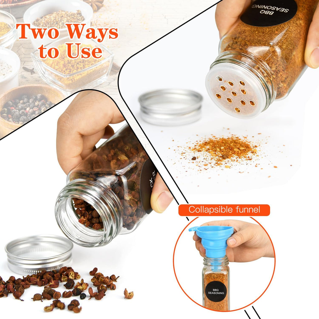 12Pcs Glass Spice Jars with Labels, 6Oz Empty Spice Jars | with Mental Caps, Shaker Lids, Collapsible Funnel, Chalk Pen, Seasoning Organizer for Spice Rack