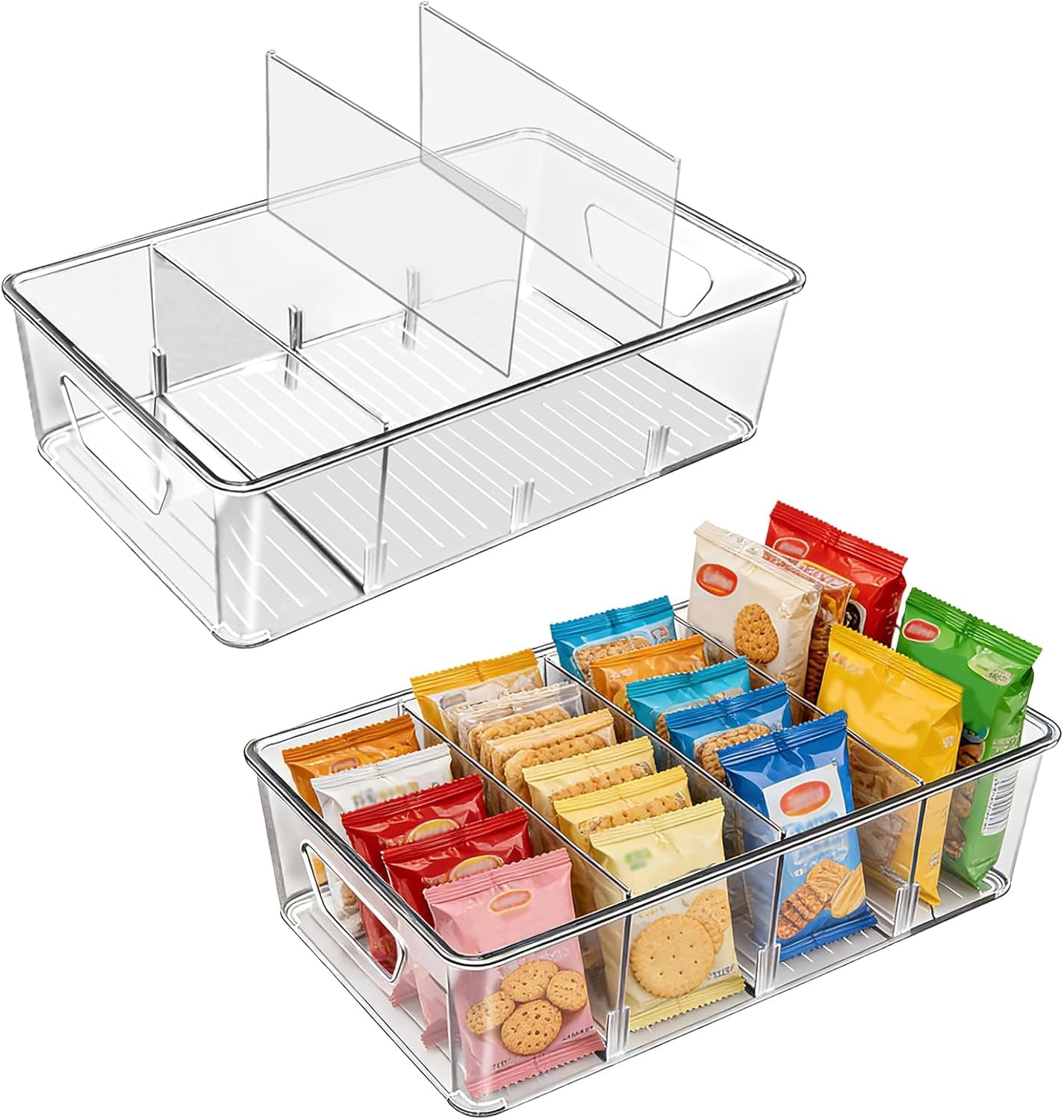 Stackable 4-Compartment Pantry Organizers and Storage, Clear Plastic Storage Bins with Removable Dividers Suitable for Pantry, Office, Kitchen, Cabinet & Fridge Organization, 2-Pack