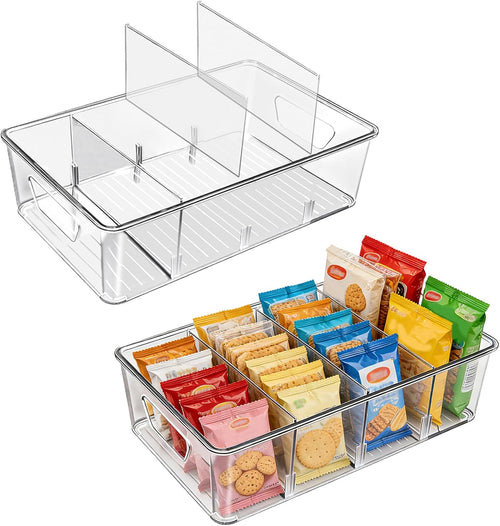 Stackable 4-Compartment Pantry Organizers and Storage, Clear Plastic Storage Bins with Removable Dividers Suitable for Pantry, Office, Kitchen, Cabinet & Fridge Organization, 2-Pack