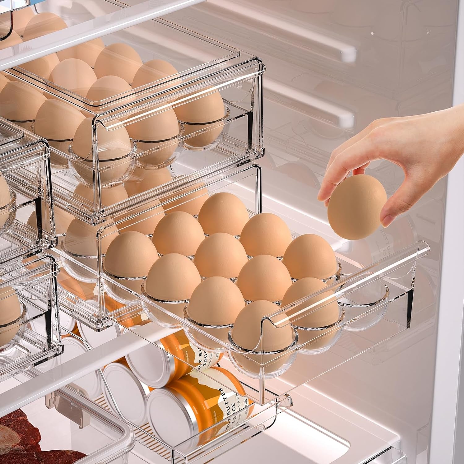 Egg Container for Refrigerator BPA Free Refrigerator Organizer Bins,Stackable Egg Holder for Refrigerator,18 Egg Tray,Clear