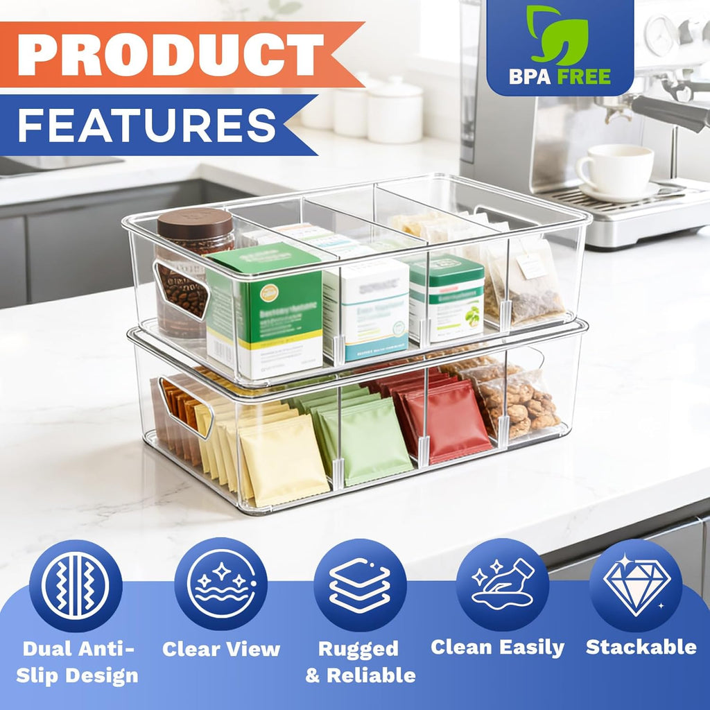 Stackable 4-Compartment Pantry Organizers and Storage, Clear Plastic Storage Bins with Removable Dividers Suitable for Pantry, Office, Kitchen, Cabinet & Fridge Organization, 2-Pack
