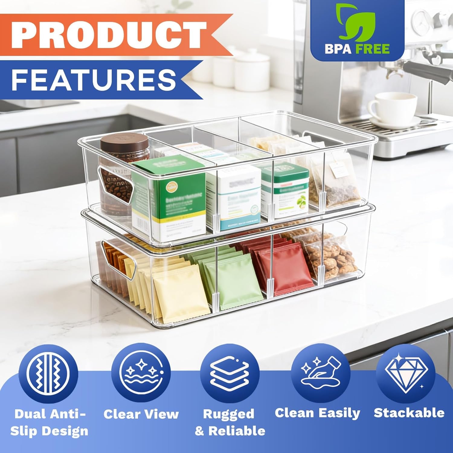 Stackable 4-Compartment Pantry Organizers and Storage, Clear Plastic Storage Bins with Removable Dividers Suitable for Pantry, Office, Kitchen, Cabinet & Fridge Organization, 2-Pack