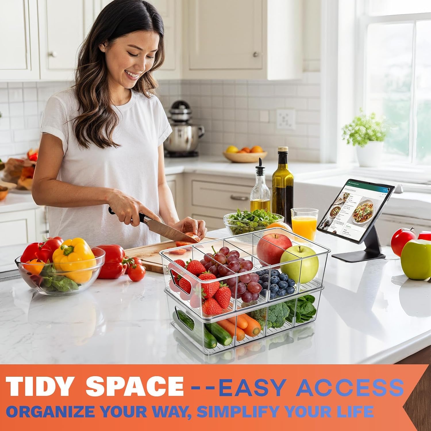 Stackable 4-Compartment Pantry Organizers and Storage, Clear Plastic Storage Bins with Removable Dividers Suitable for Pantry, Office, Kitchen, Cabinet & Fridge Organization, 2-Pack