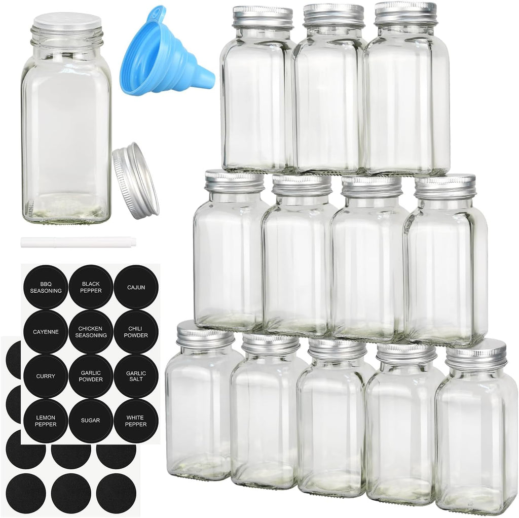 12Pcs Glass Spice Jars with Labels, 6Oz Empty Spice Jars | with Mental Caps, Shaker Lids, Collapsible Funnel, Chalk Pen, Seasoning Organizer for Spice Rack