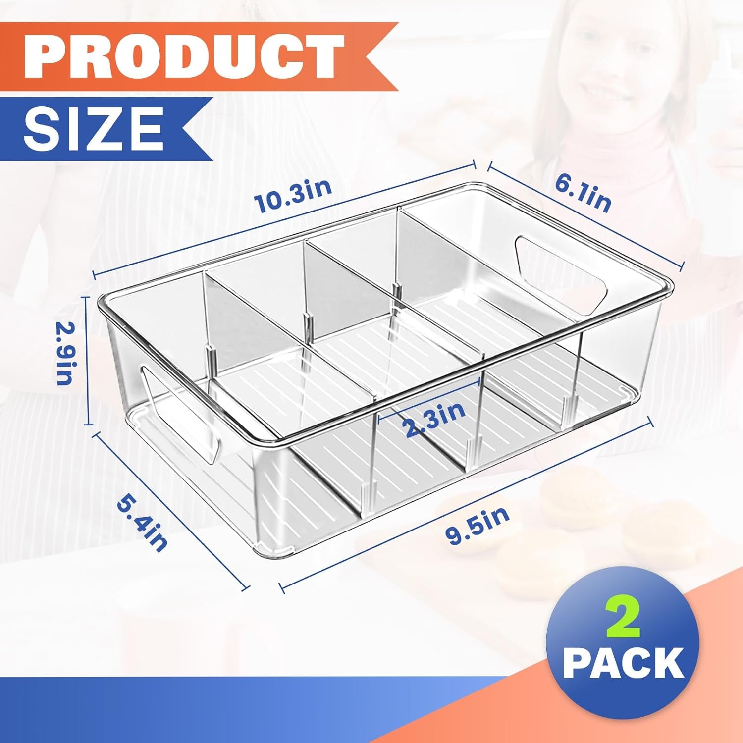 Stackable 4-Compartment Pantry Organizers and Storage, Clear Plastic Storage Bins with Removable Dividers Suitable for Pantry, Office, Kitchen, Cabinet & Fridge Organization, 2-Pack