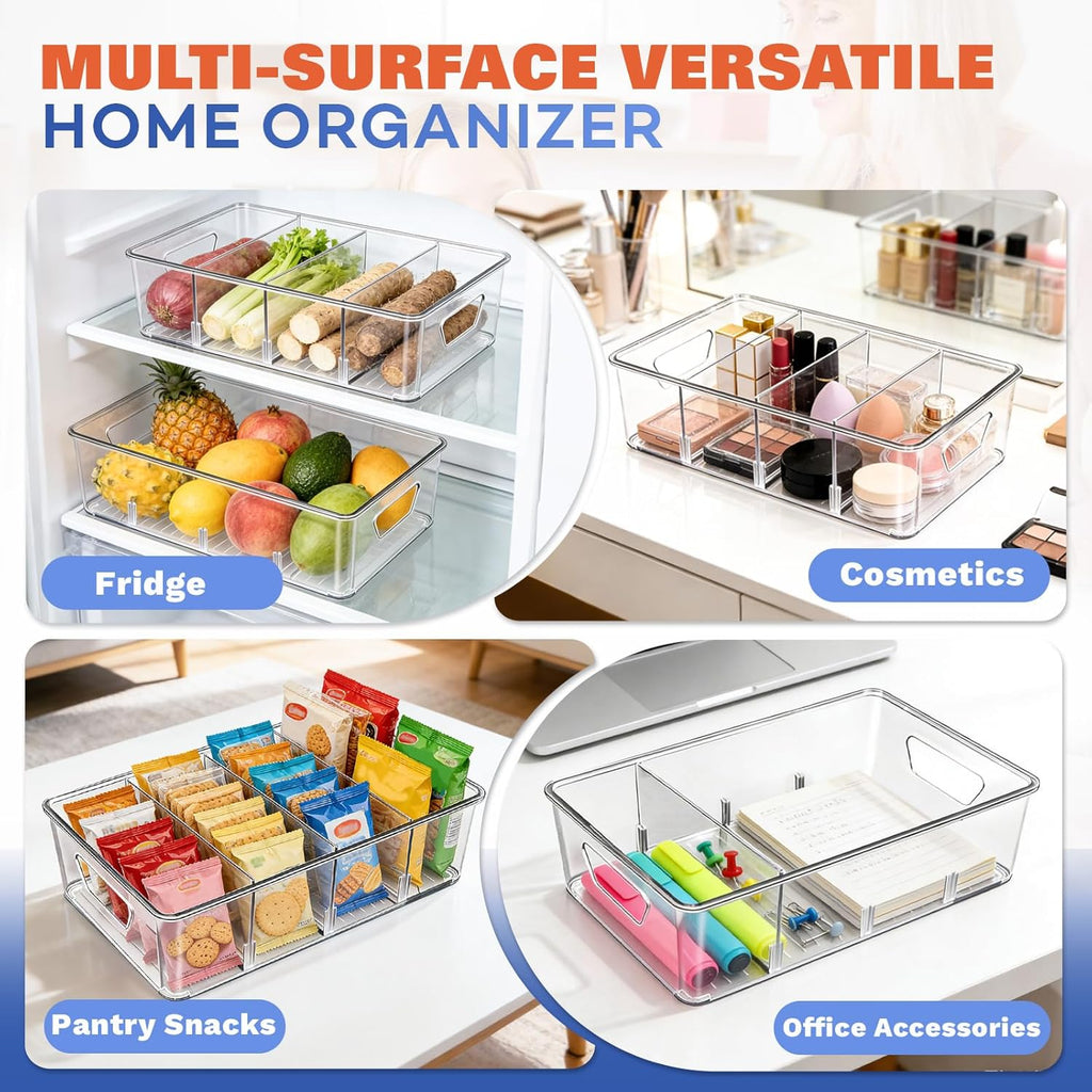 Stackable 4-Compartment Pantry Organizers and Storage, Clear Plastic Storage Bins with Removable Dividers Suitable for Pantry, Office, Kitchen, Cabinet & Fridge Organization, 2-Pack