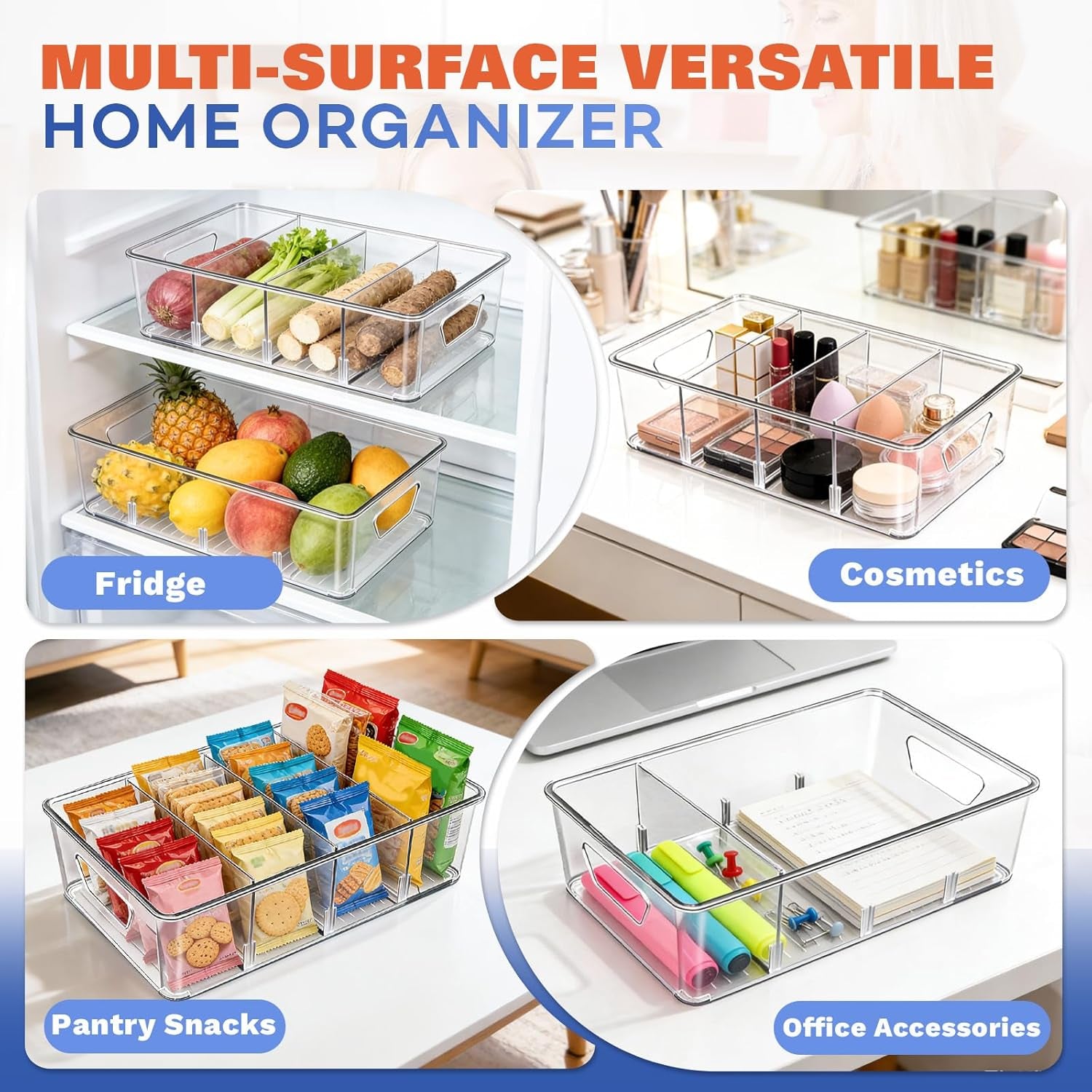 Stackable 4-Compartment Pantry Organizers and Storage, Clear Plastic Storage Bins with Removable Dividers Suitable for Pantry, Office, Kitchen, Cabinet & Fridge Organization, 2-Pack